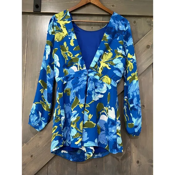 Lulus Sweetest Song Blue Floral Print Backless Long Sleeve‎ Romper Small Cottage - Image 5