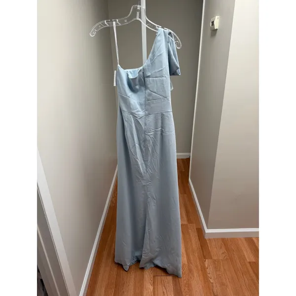 NEW After Six Crepe Princess Bow Gown One Shoulder Mist Blue Slit Thigh Size 4 - Image 5