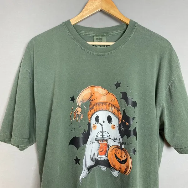 Comfort Colors Halloween‎ T-Shirt Ghost Bats Cutesy Short Sleeve Army Green Crew Neck Size XL - Image 3