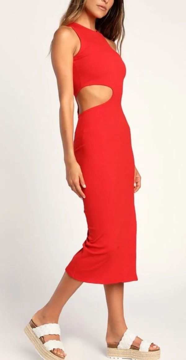 Red Asymmetrical Cutout Bodycon Midi Dress - Image 2