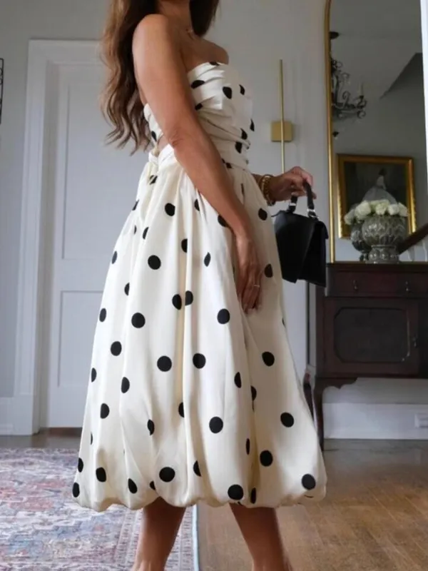Retro Polka Dot Bubble Midi Dress Convertible Straps in Cream Black Size S - Image 2