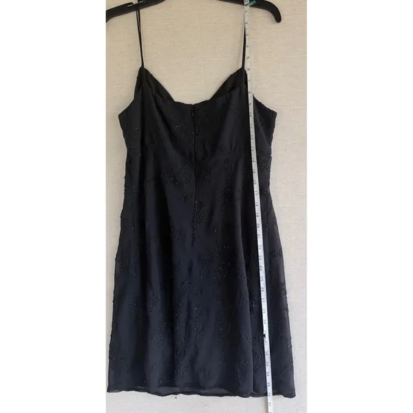 JSC Vintage 90s Black Beaded Floral Mini Dress Spaghetti Strap Size 14 Wrap Neck - Image 6