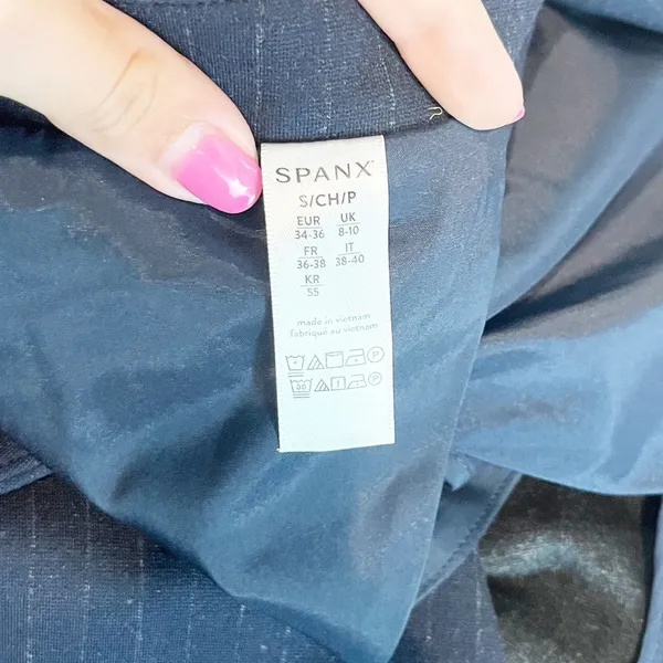 Spanx Perfect Collarless Single Button Blazer Jacket Pinstripe Navy Blue Small - Image 4