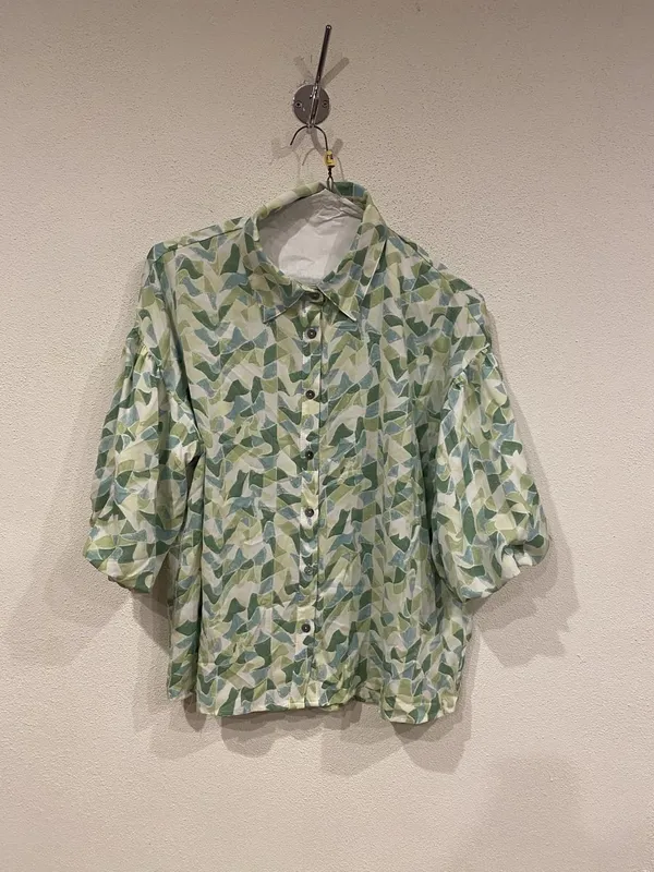Entro Blouse Womens Large Green Geometric Collared Button Balloon Sleeve Top - Image 2