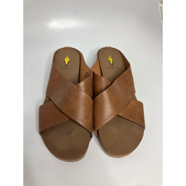 Volatile Cross Strap Sandals Womens 11 Brown Good Leather Platform Slides UQ001 - Image 4