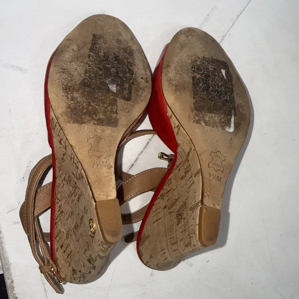 Tory Burch Red Patent Leather Cork Wedge Ankle Strap Peep Toe Sandals size 7.5 M - Image 12