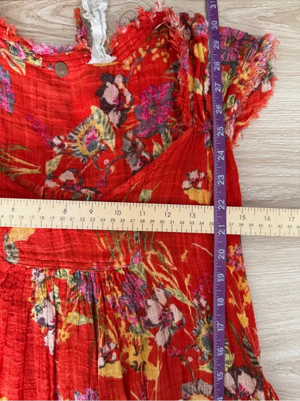 Free People Med Maia Mini Dress Red Gauze Floral Resort Front Wrap Tie Tropical - Image 9