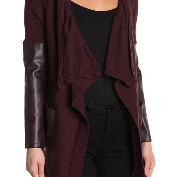 BLANKNYC Denim Faux Leather Trim High/Low‎ Cardigan - Image 4