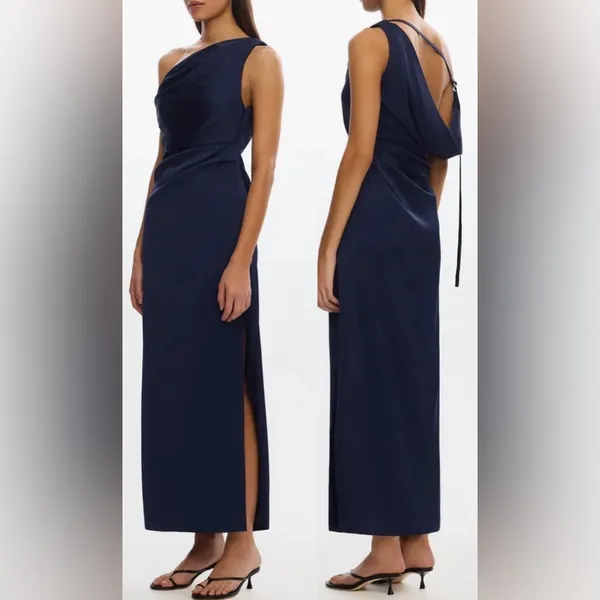 NEW Significant Other Alyssa Pleated One-Shoulder Draped Satin navy Gown Sz 6 - Image 2