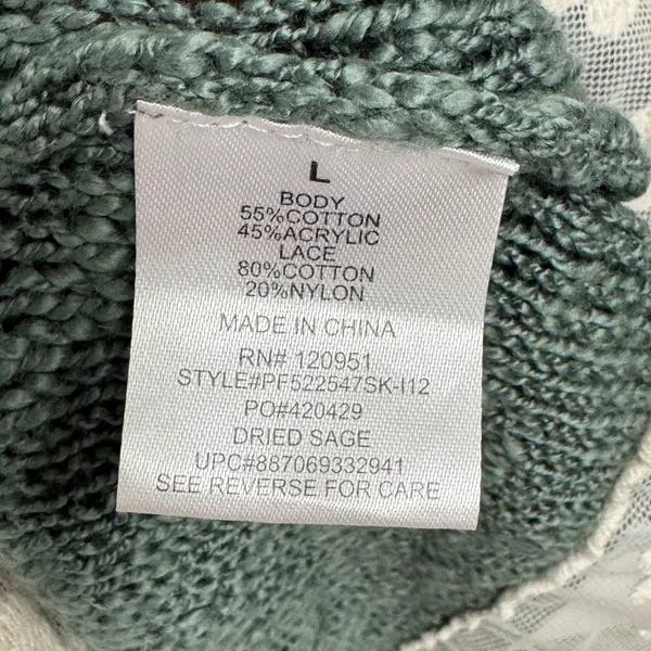 Pink Republic Dried Sage Green Lace Trim Knit Sweater PF522547SK-112 Large - Image 8