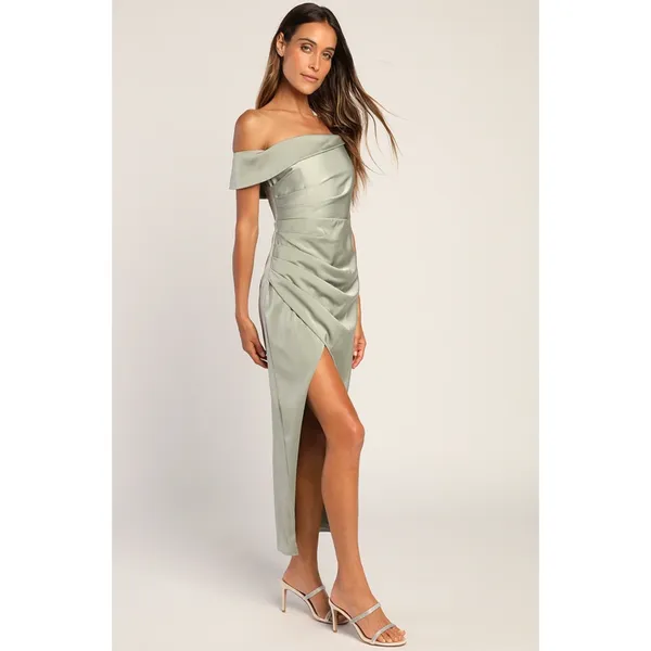 Lulus Showing Off a Little Sage Green Asymmetrical Tulip Midi Dress Wedding XS - Image 4