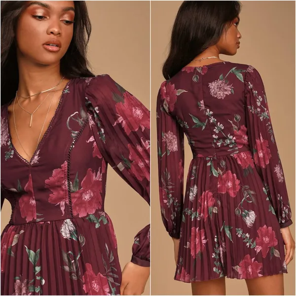 Lulus Win The Day Dress Burgundy Floral‎ Print Pleated Long Sleeve Mini V-Neck - Image 3
