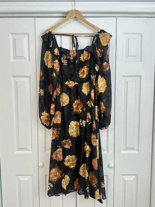 &merci Black Floral Midi Dress - Elegant Gold Rose Print, L - Image 2