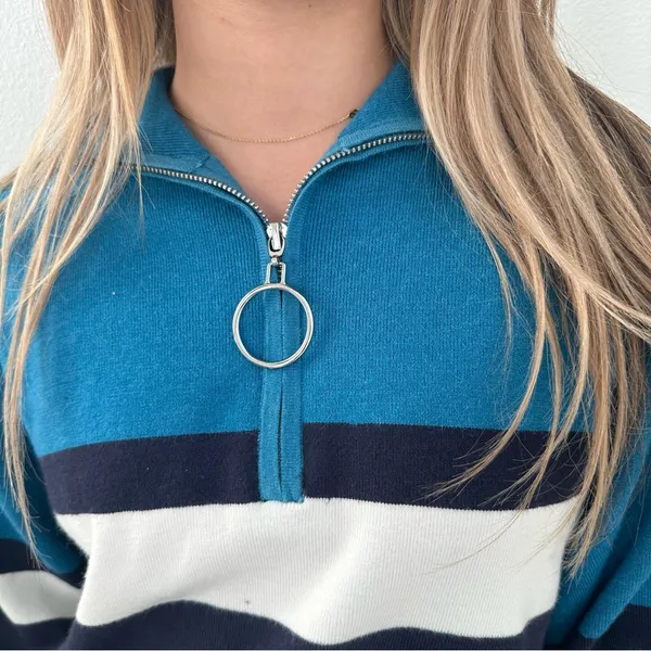 Urban Outfitters Blue Navy White Striped Quarter Zip - Image 4