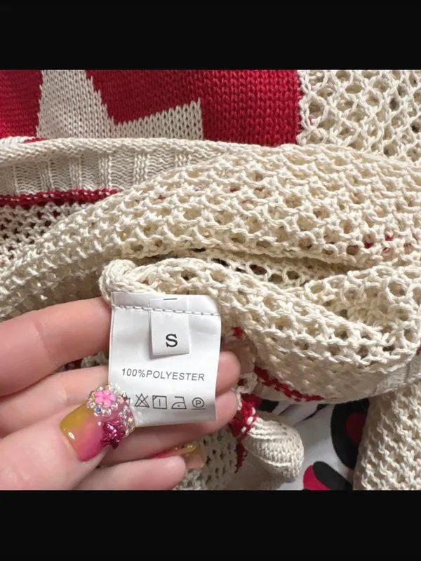 Y2k Graphic Oversized Crochet Jersey Shirt V Neck Long Sleeve Knit Pullover S - Image 12