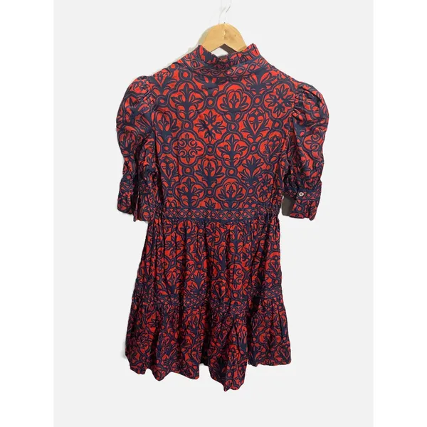 Gretchen Scott Wall of Secrets Dress Womens S Navy Red‎ Damask Tiered Mini Boho - Image 5