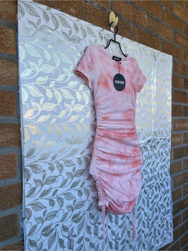 Babyboo Pink Tie Dye Carina Ruched Mini Dress Cotton Blend XS NWT - Image 6