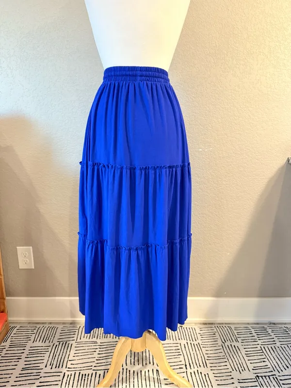 Zenana Blue Tiered Maxi Skirt Small Drawstring Boho Peasant - Image 2