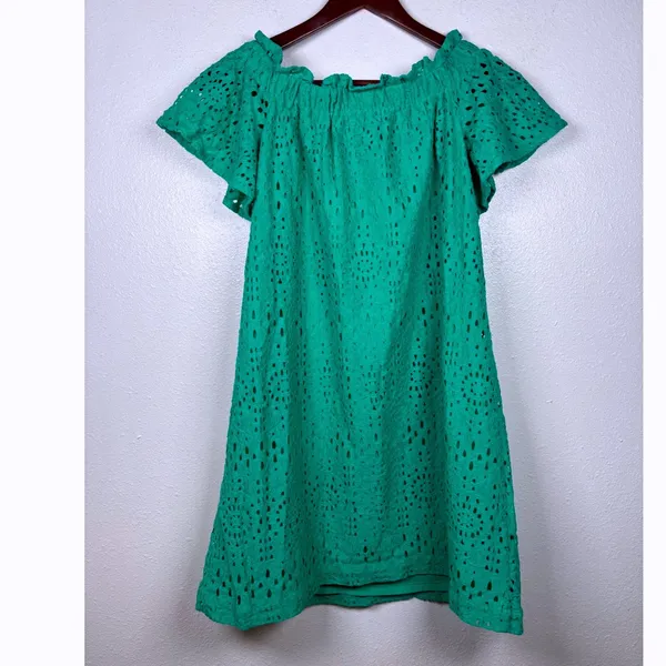 a.n.a Eyelet Dress Womens‎ XS Green Off The Shoulder Shift Ruffle Short Sleeve - Image 7
