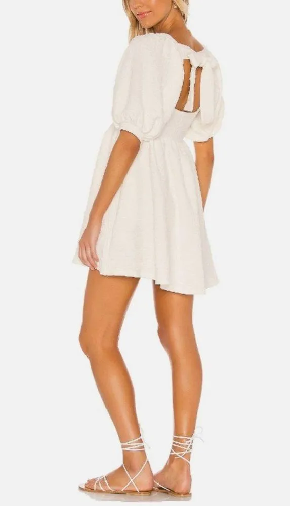 FREE PEOPLE Violet Puff Sleeve Tie Back Babydoll Mini Dress in White Size M (?) - Image 3