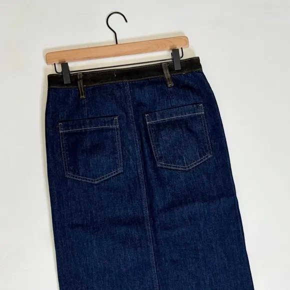 ZARA ZW Collection Denim Midi Skirt Contrast Suede Waistline Blue Pockets Small - Image 10