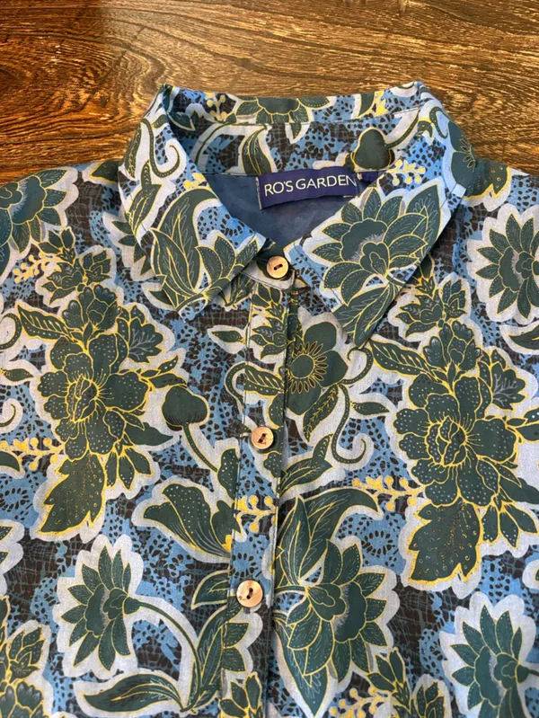 Ro's Garden Shirt Dress Womens Medium Blue Floral Tiered Mini Cotton - Image 4