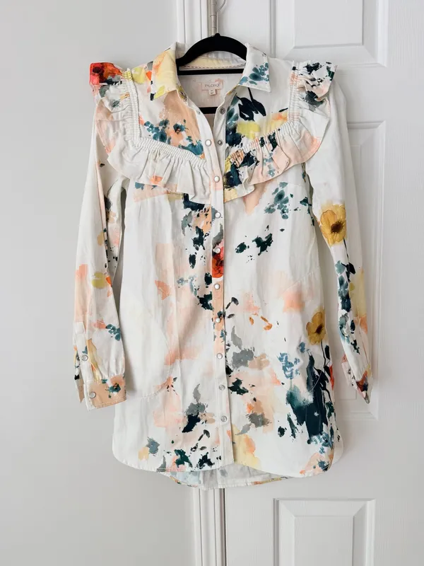 Anthropologie Pilcro Long-Sleeve Ruffled Denim Mini Shirt Dress, Size XS - Image 7