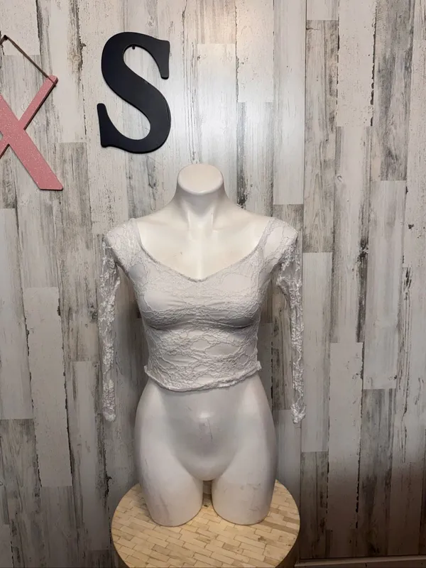 SHEIN Sheer White Lace Crop Top Womens Extra Small Long Sleeve Off Shoulder - Image 4