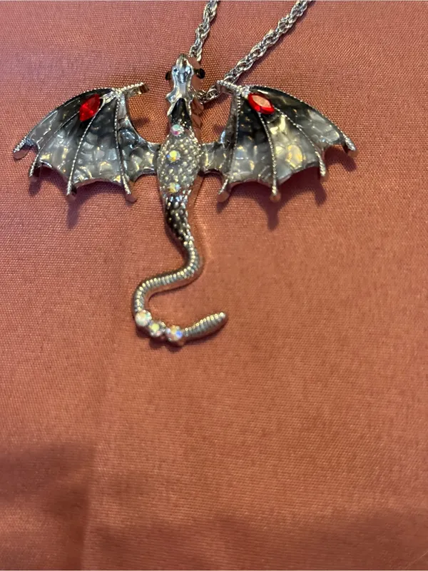Silver Dragon Pendant Necklace with Red Gem Accents - Image 2