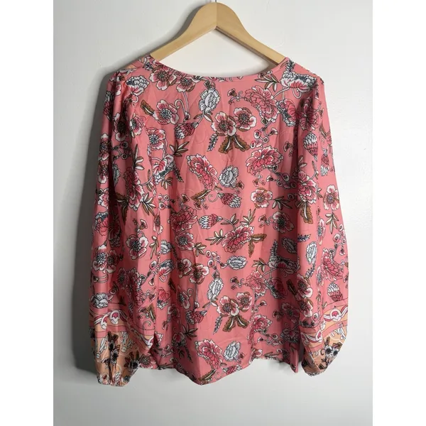 NEW Boho Floral Peasant Blouse‎ Tie Neck Long Sleeve Coral Pink XL Flowy Spring - Image 3