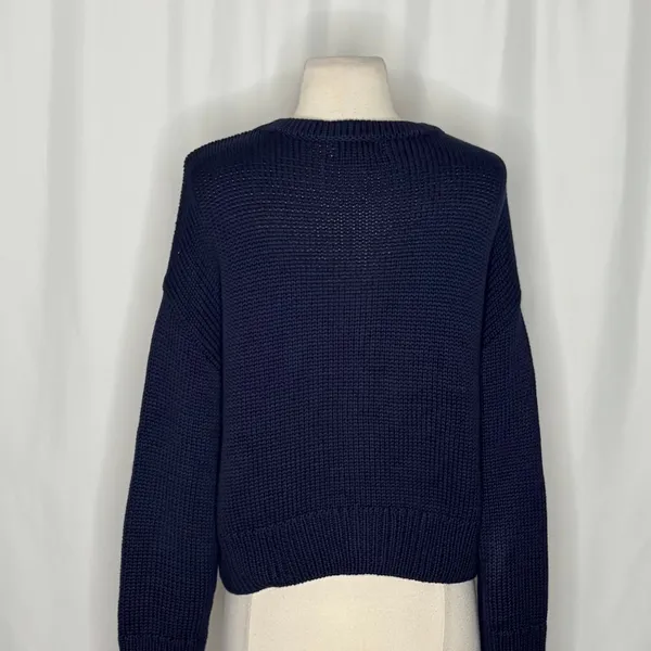 CAROLINE CONSTAS Navy Blue Cotton Cropped Cardigan Sweater Quiet Luxury Medium - Image 8