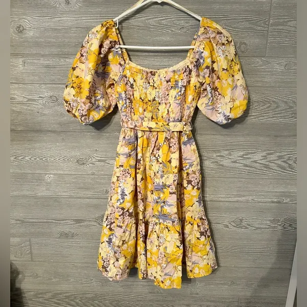 Sim & Sam Yellow Floral Puff Sleeve Tiered Mini Dress Smocked‎ Back XS - Image 2