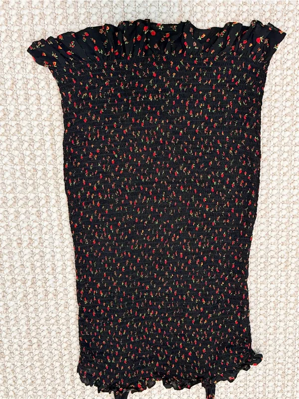 Free People Bella Black Floral Print Smocked Bodycon Mini Dress Large - Image 12