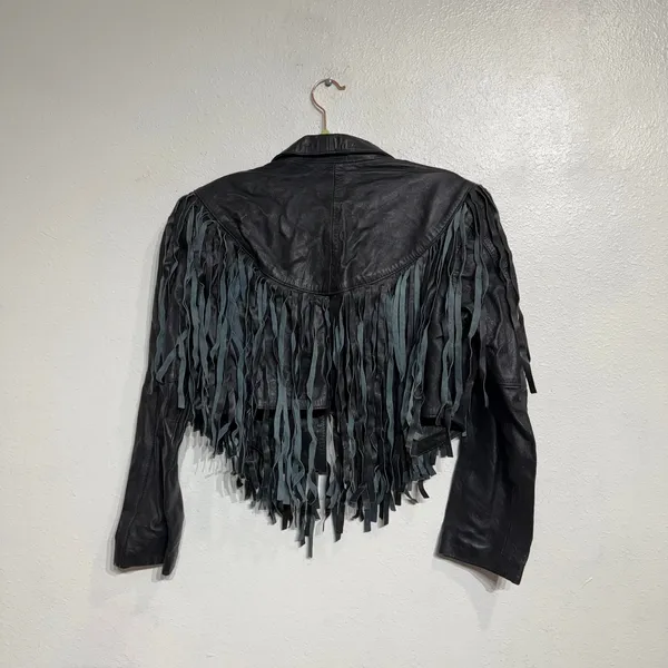 Vintage Black Leather Western Moto Fringe Cropped Jacket Sz M - Image 9