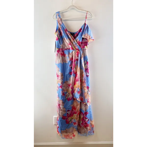 Aqua Floral Satin Burnout Sleeveless V-Neck Maxi Dress Blue Multi Large - Image 5