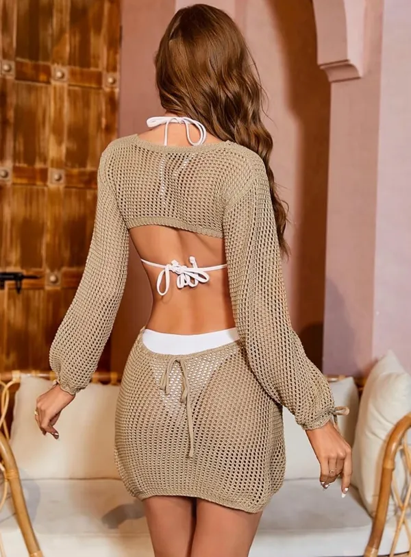 Amazon Brown Knit Swimsuit Cover-Up Adjustable M - Image 3