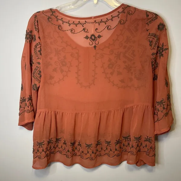 Free People Pennies Sequel Embroidered Peasant Semi-Sheer Blouse Sz M - Image 9