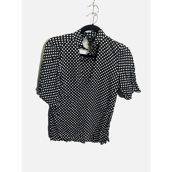 Zara Polka Dot Blouse Womens XS Black White Mock Neck Ruffle Short Sleeve Retro‎ - Image 2