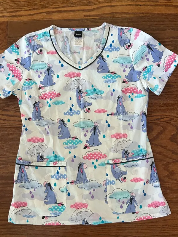 Disney Eeyore Sunshower Womens Scrub Top V-Neck Short Sleeve Pockets Size Small - Image 7