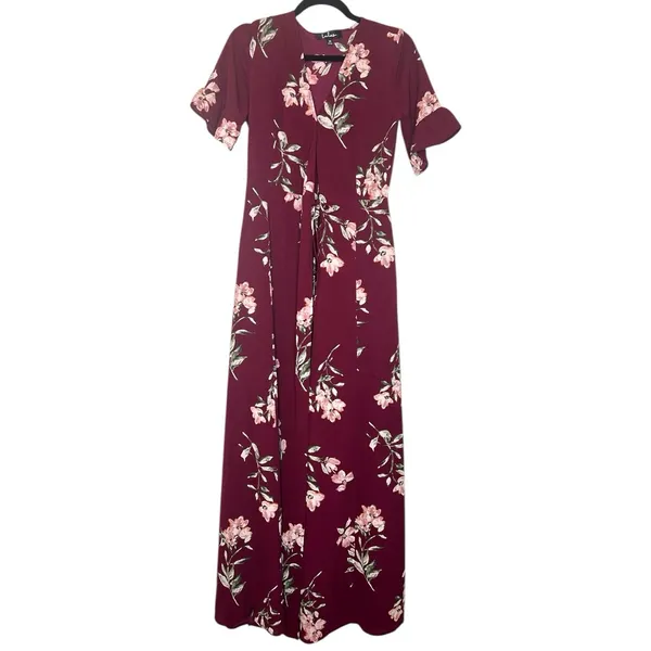 Lulus September Sunsets Burgundy Floral Maxi Wrap Dress - Image 4