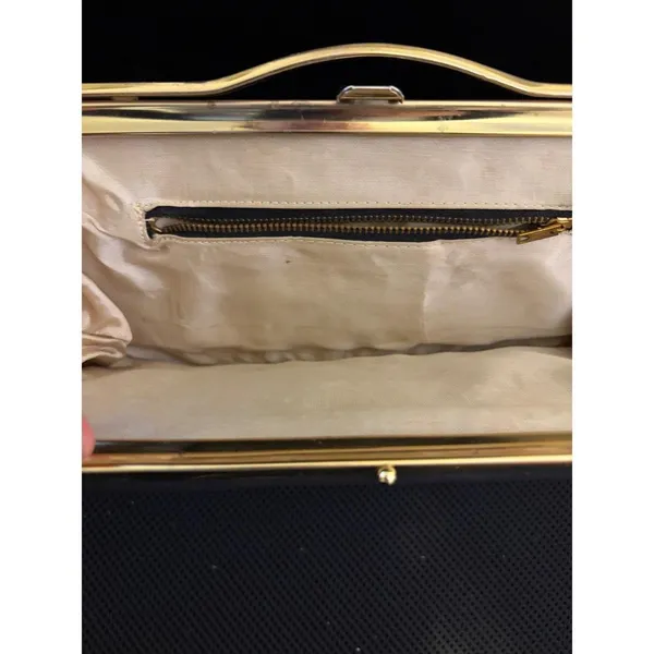 Vintage Black Satin Evening Clutch‎ Bag Gold Tone Frame Wavy Top Bar Formal - Image 4