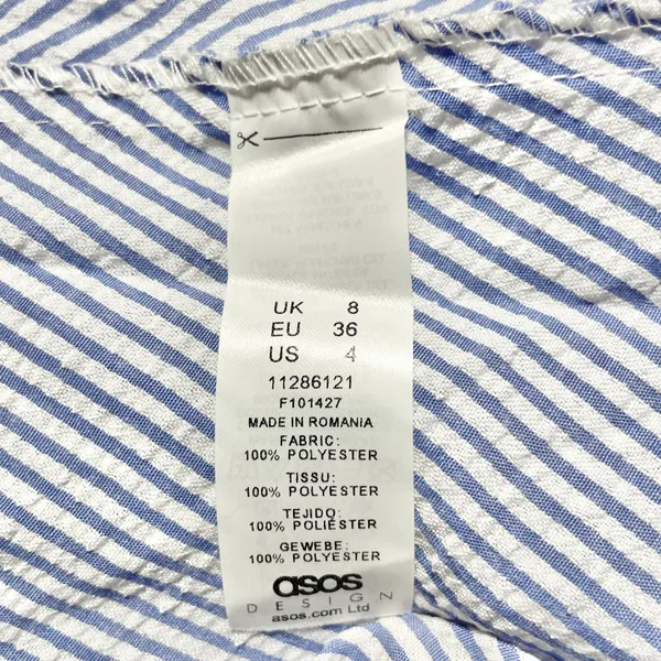 New ASOS Seersucker Plunge V-Neck Tie Waist Mini Sundress Blue White Size 4 - Image 16