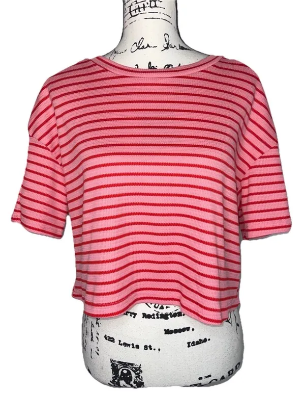 Missguided Striped Waffle Knit Crop Top Tee Womens MED Pink Red Short Sleeve Boxy - Image 3