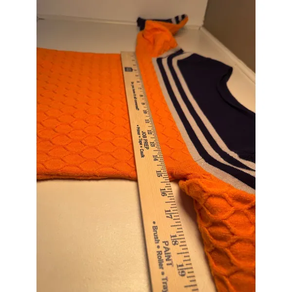 Orange Navy Blue Striped Honeycomb Knit Pullover Sweater‎ Women Crew Neck 0252 - Image 5