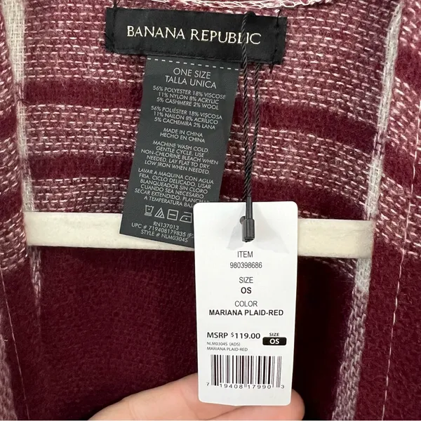 Banana Republic Cashmere Blend Knit Wrap Mariana Plaid Red Cream Fringe One Size - Image 2
