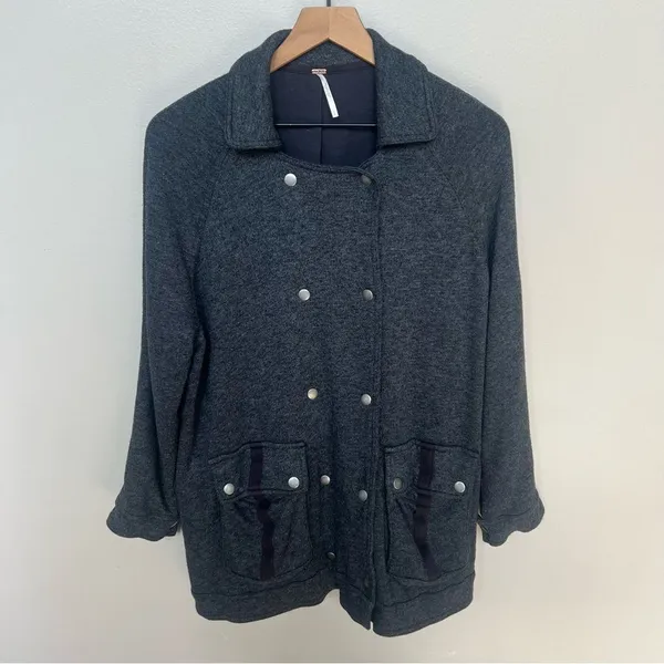 Free People Slouchy Peacoat Charcoal Gray Double Breasted Jacket Size Small - Image 4