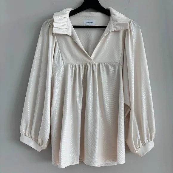 Adrienne Cream Croc Embossed Ruffled Balloon Sleeve Blouse Faux Leather Size M - Image 10