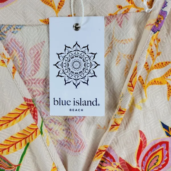 Blue Island Beach Wrap Dress M Cream‎ Red Floral Ruffle Hem Tie Waist New - Image 12