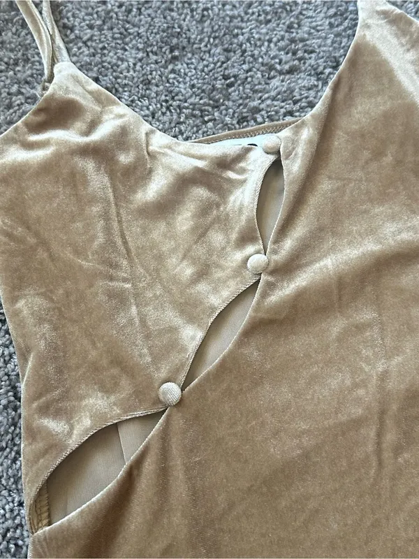 Twist-Front Velvet Slip Mini Dress in Tan - Image 3