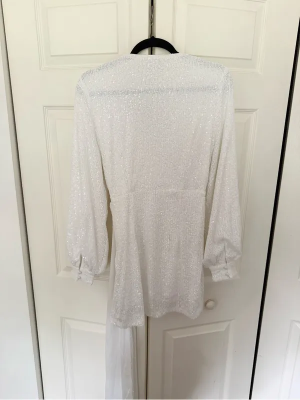 NWT Showpo Claudilyn Drape Long Sleeve Faux Wrap Mini Dress White Sequins US 6 - Image 11